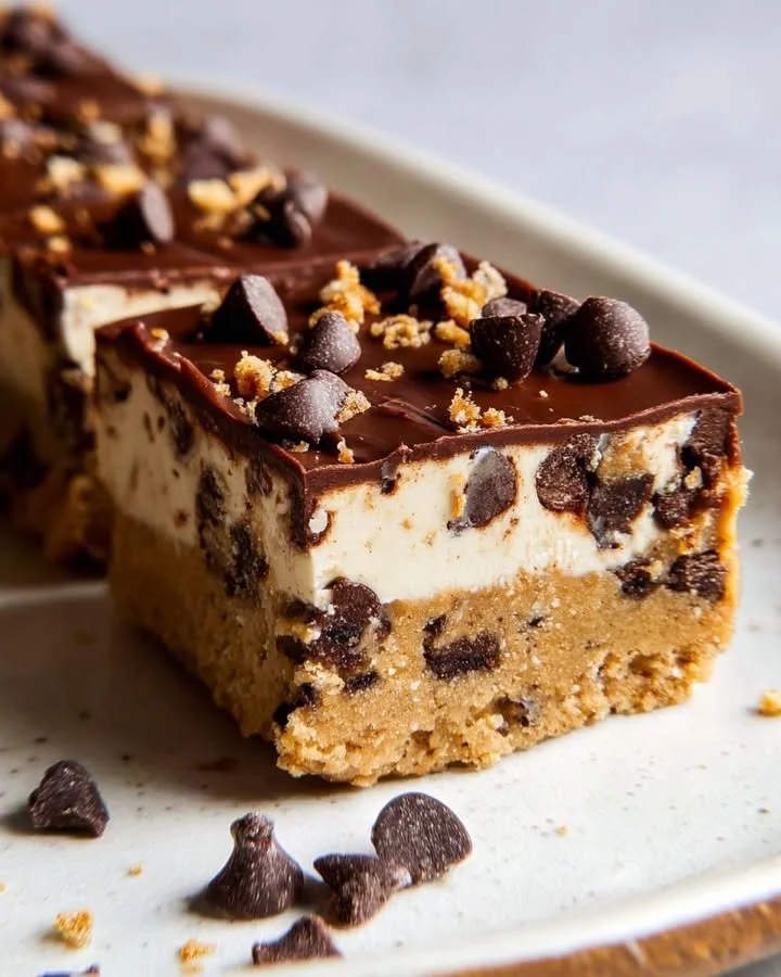 Delicious no-bake chocolate chip cookie dough bars ready to be enjoyed.