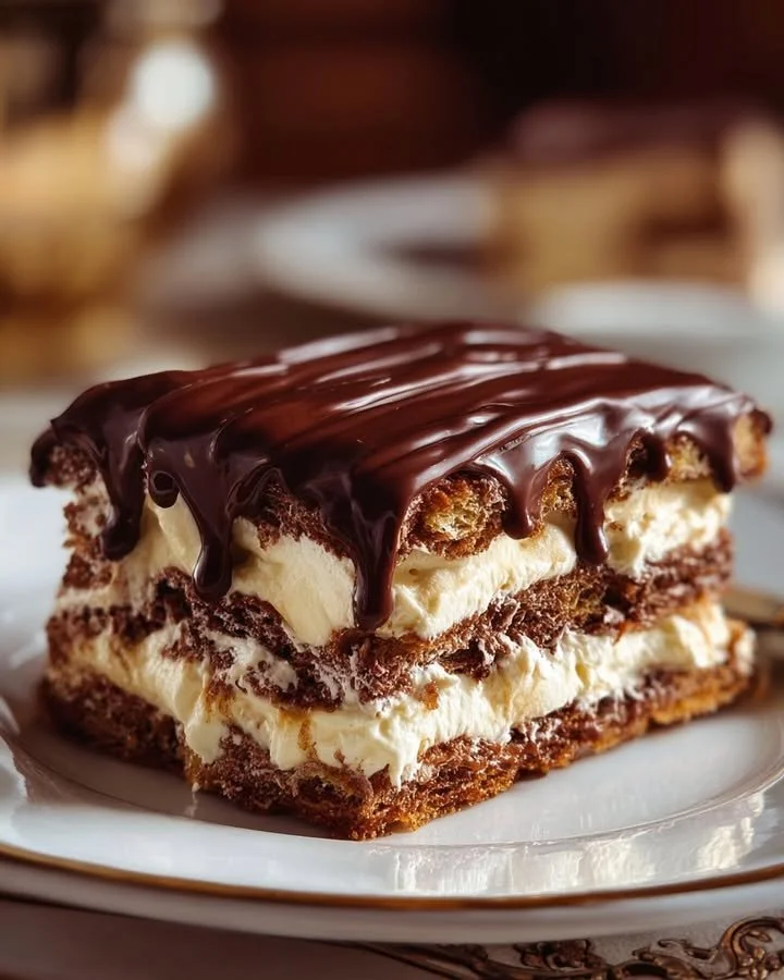 No-bake chocolate éclair cake with layers of chocolate and cream filling.