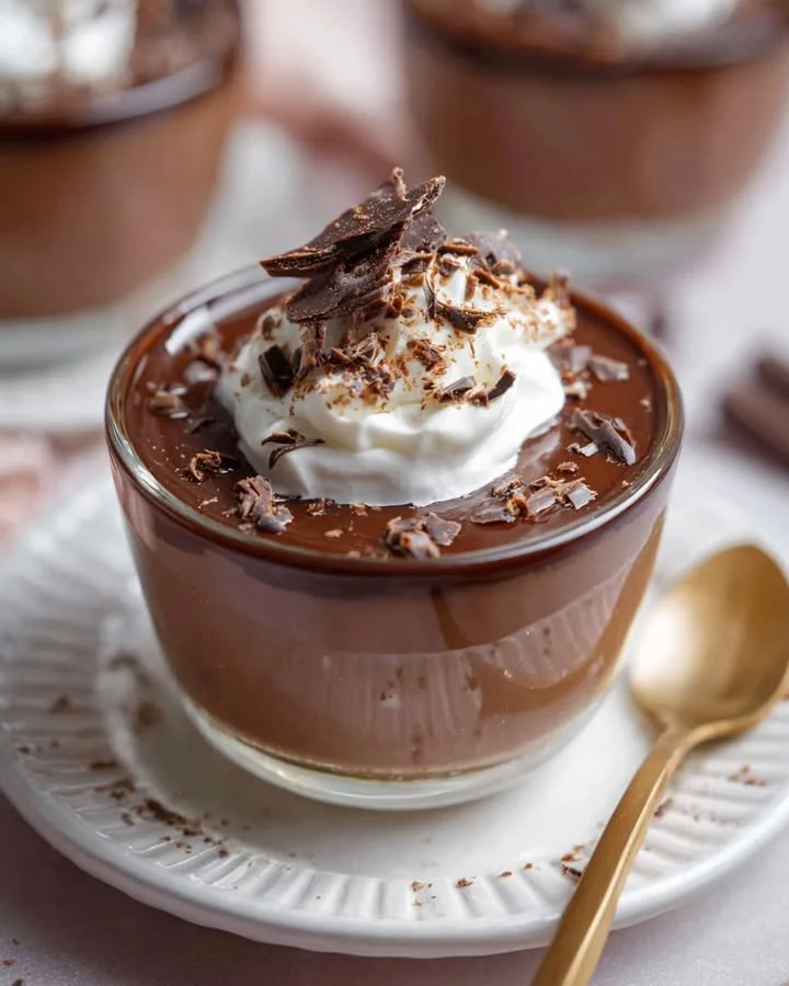 Delicious no-bake chocolate pudding dream cups topped with whipped cream and chocolate shavings.