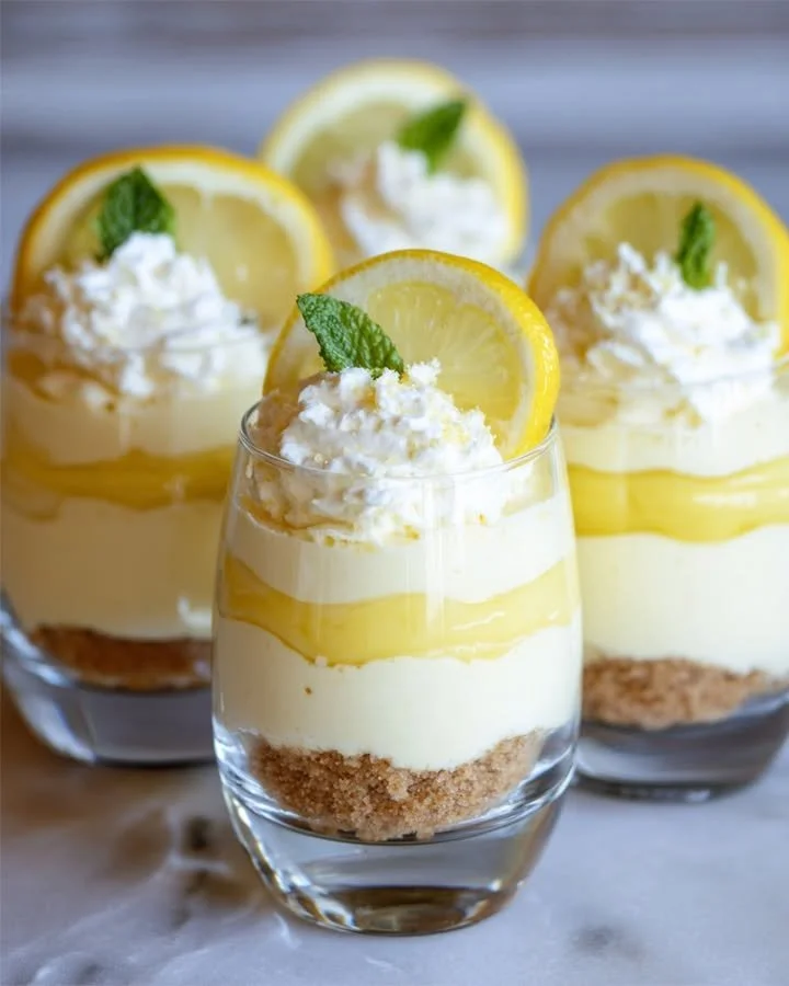 No-Bake Lemon Cheesecake Shooters in elegant glasses with a lemon garnish