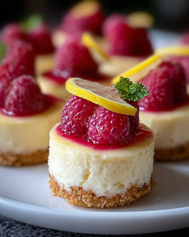 No-bake mini lemon raspberry cheesecakes in individual cups with fresh raspberries.
