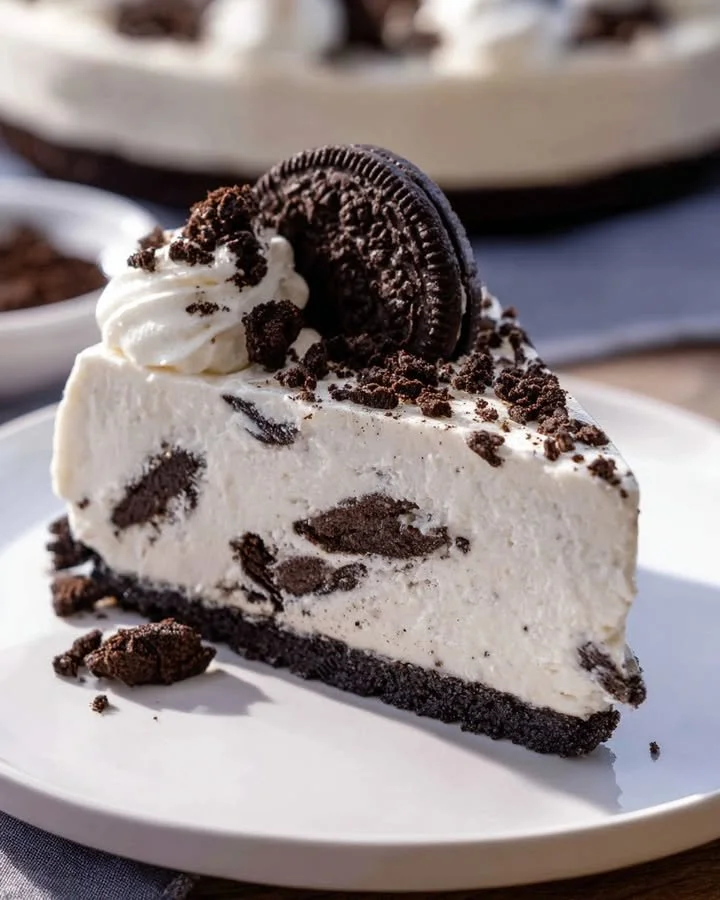 No-Bake Oreo Cheesecake Pie garnished with Oreo cookies on a plate