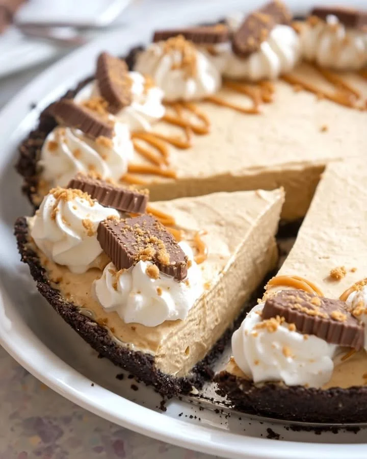 No-Bake Peanut Butter Cookie Pie ready to serve on a dessert table