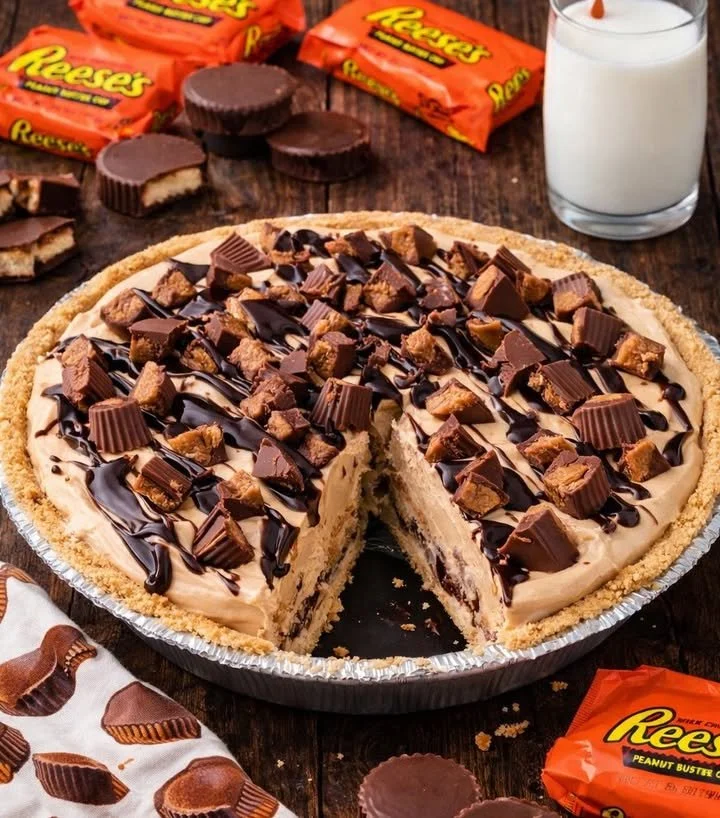 No-Bake Reese's Peanut Butter Cup Pie topped with peanut butter cups
