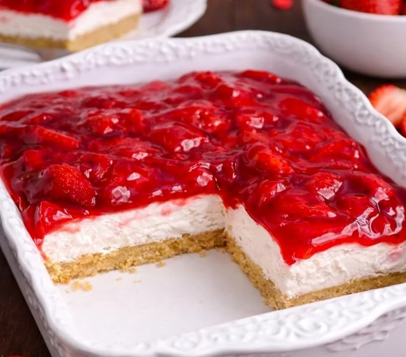 No Bake Strawberry Cheesecake topped with fresh strawberries