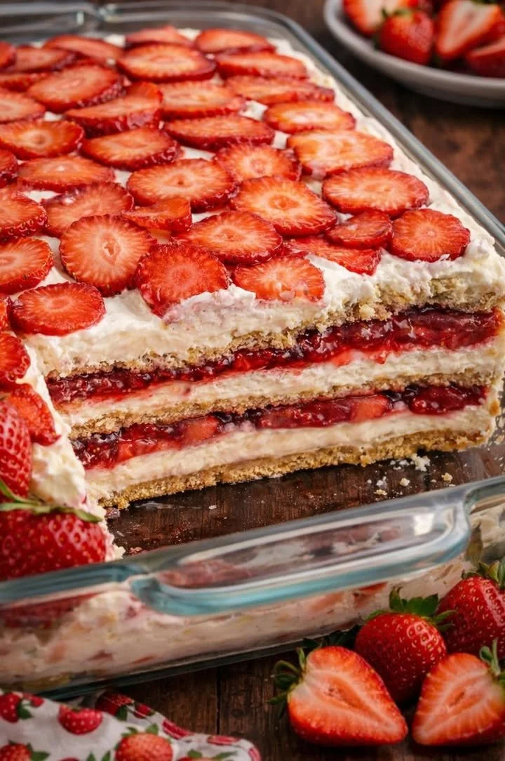 No Bake Strawberry Cheesecake Icebox Cake topped with fresh strawberries