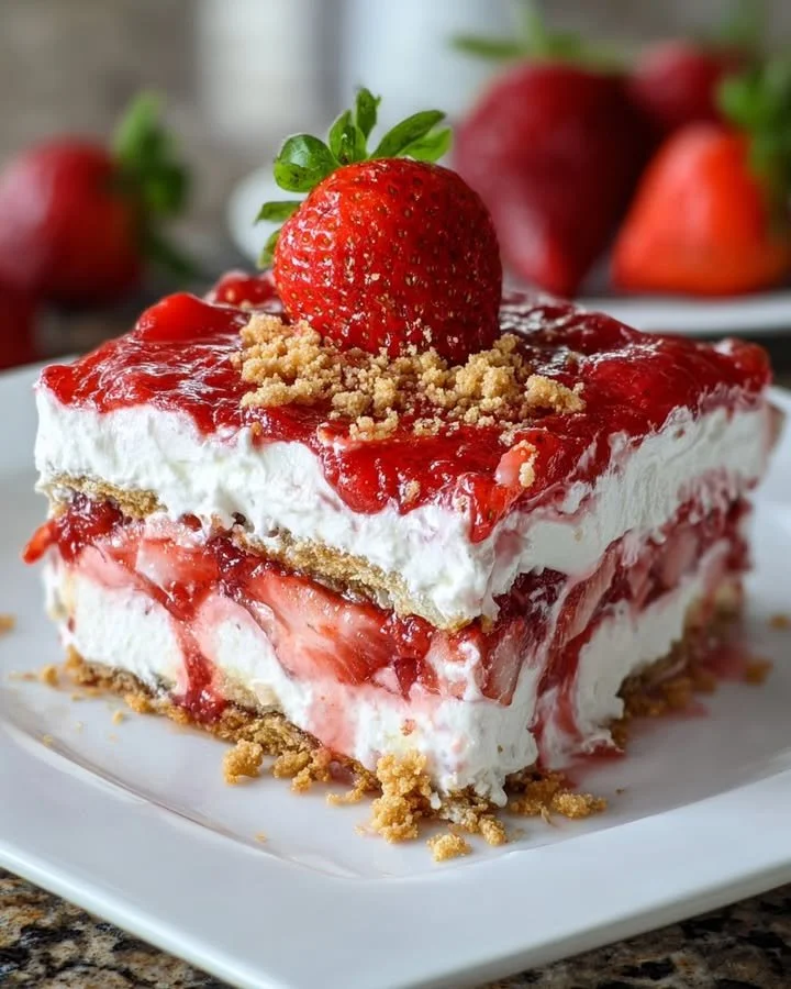 No-Bake Strawberry Crunch Lasagna dessert with fresh strawberries and crumbles