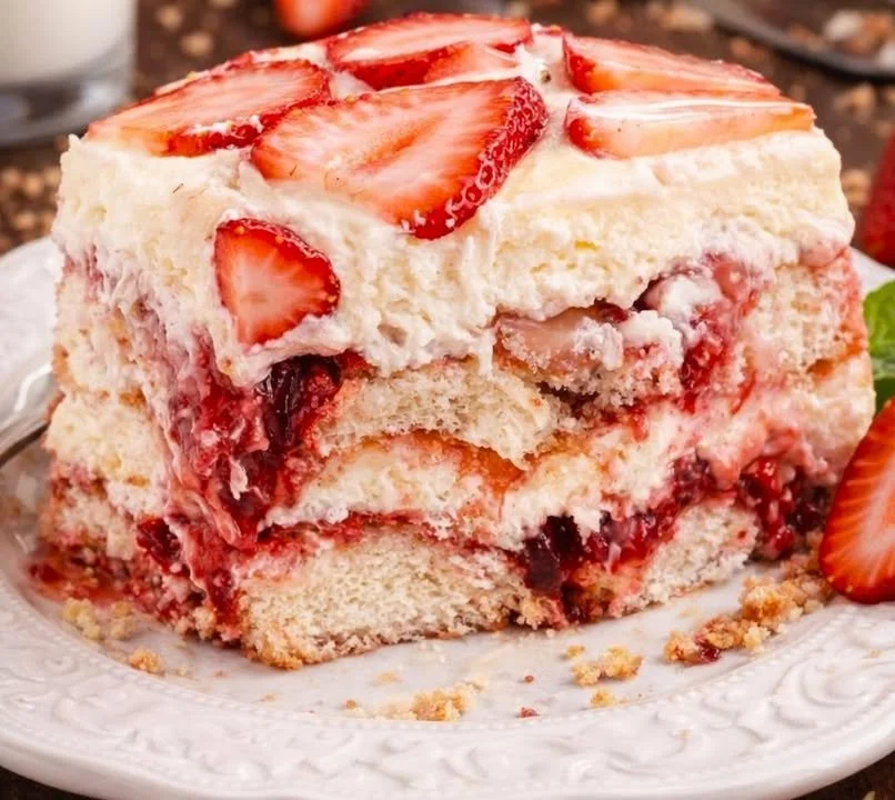 Delicious no bake strawberry tiramisu dessert in a clear glass with strawberries on top.