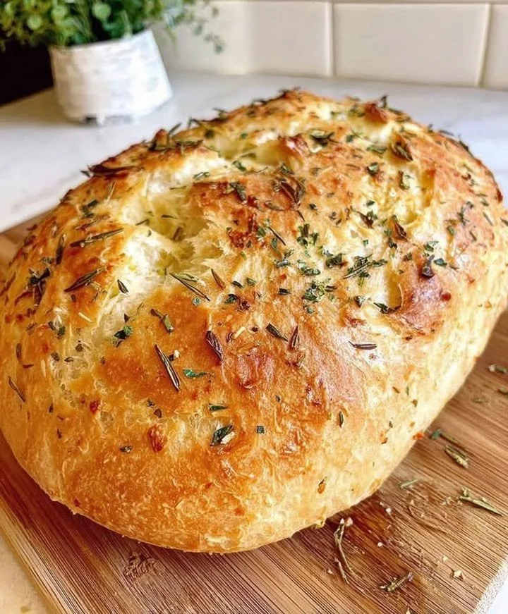 Freshly baked no-knead garlic bread sliced for serving