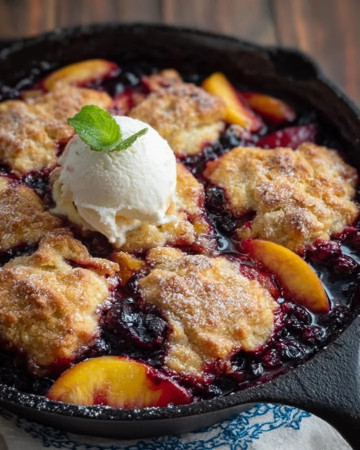 Skillet Peach Berry Cobbler topped with vanilla ice cream