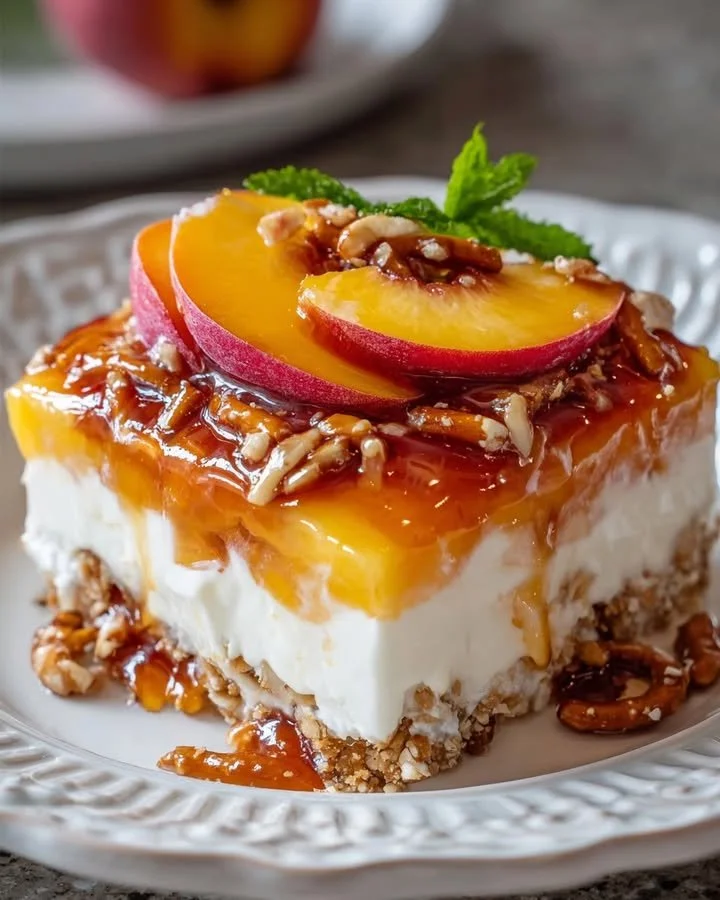 Delicious Peach Pretzel Salad with creamy filling and a pretzel crust