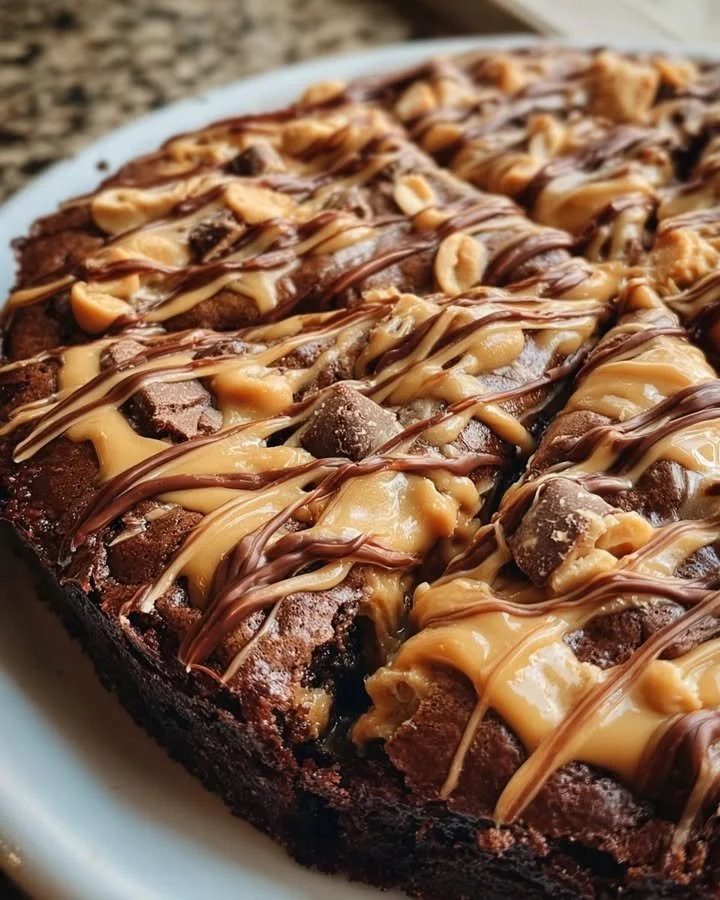 Delicious peanut butter brownie pizza served with chocolate drizzle