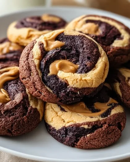 Delicious Peanut Butter Brownie Swirl Cookies on a rustic wooden table