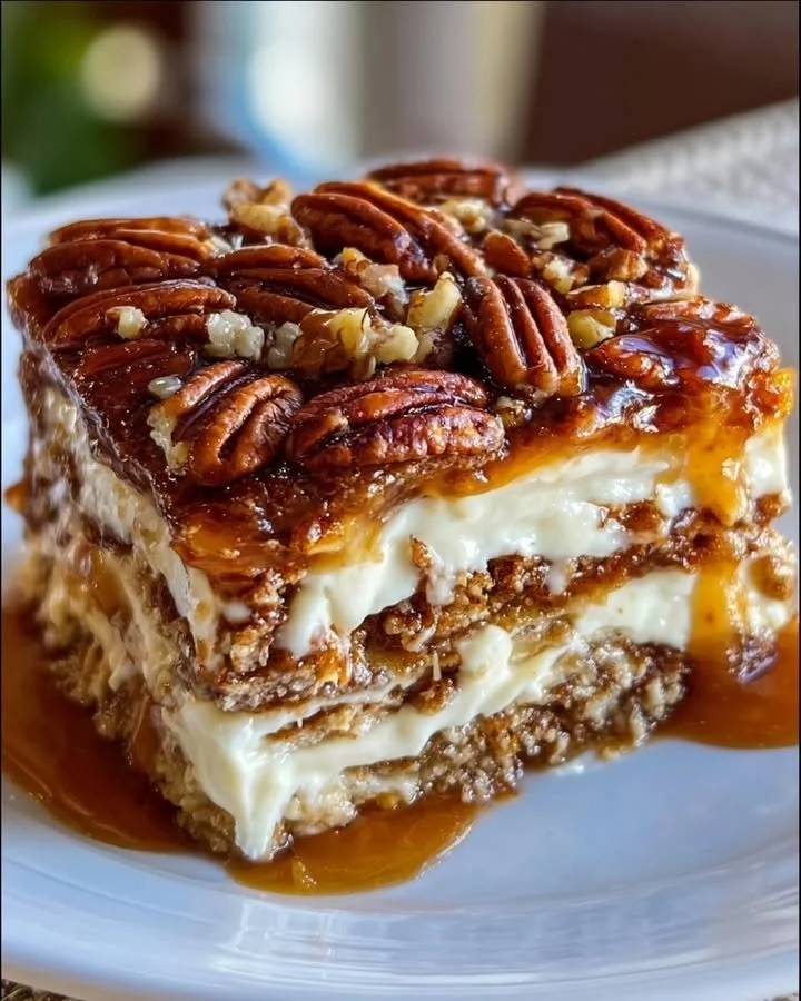 Deliciously layered Pecan Pie Lasagna with pecans and caramel toppings