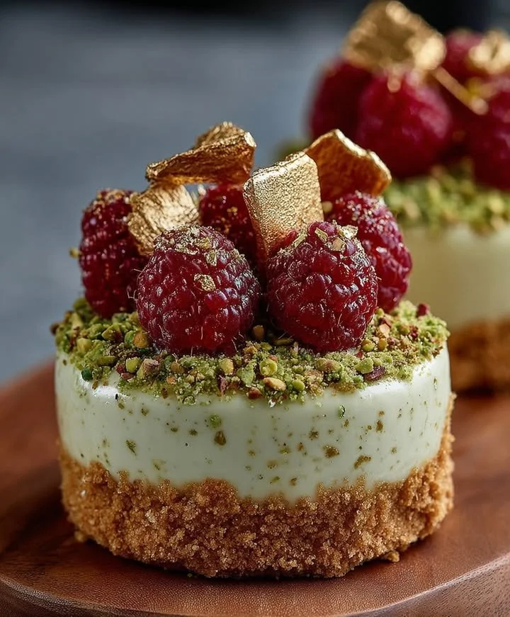 Pistachio cheesecake domes topped with raspberry sauce and garnished with fresh berries.