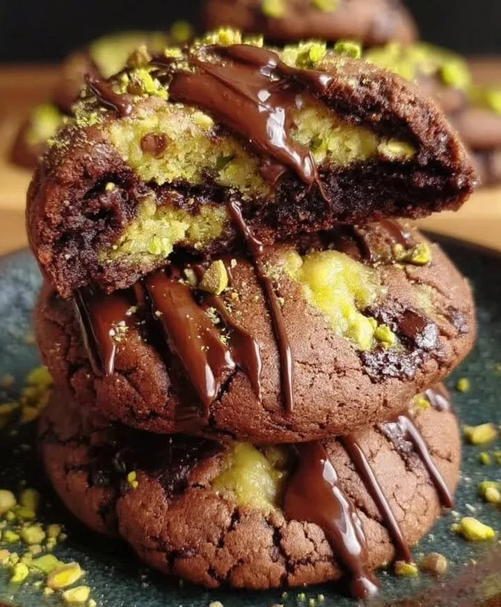 Pistachio-filled chunky chocolate cookies on a cooling rack