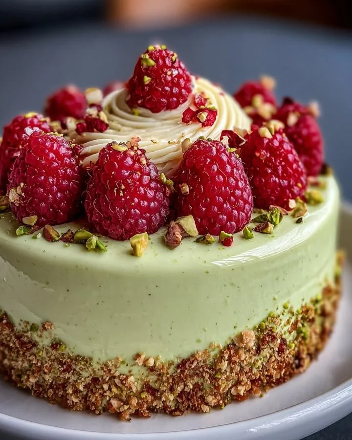 Pistachio Raspberry Crunch Mousse Cake with layers of mousse and crunchy topping