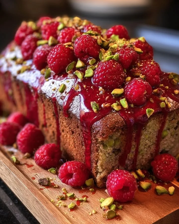 Slice of Raspberry Pistachio Bread drizzled with raspberry glaze