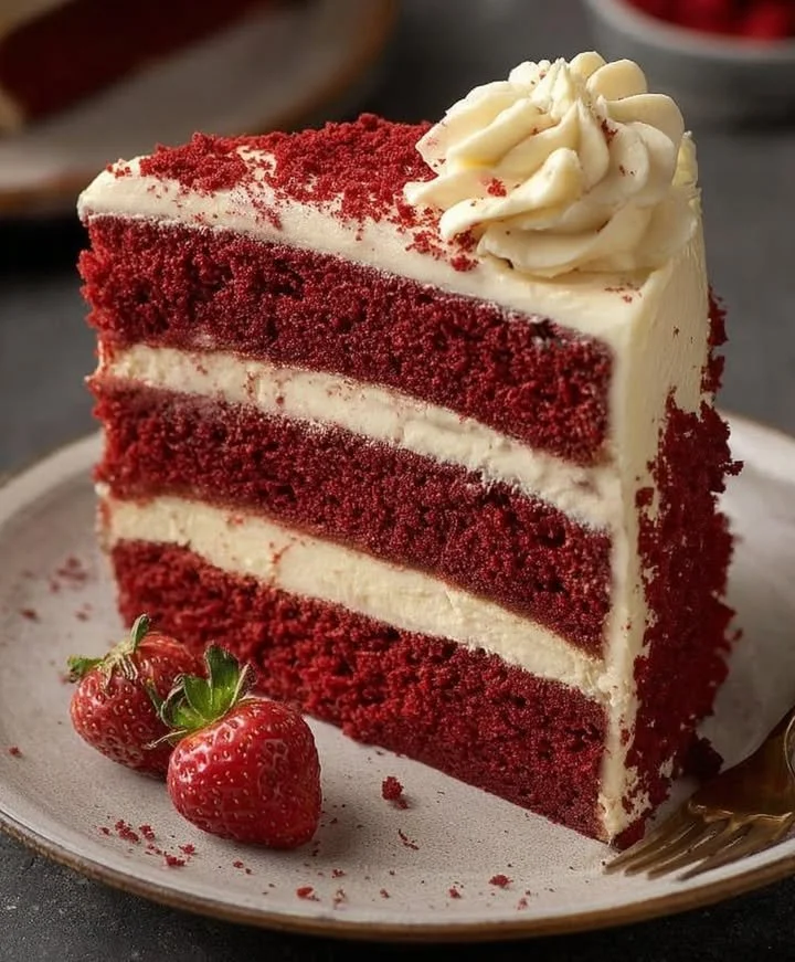 Delicious red velvet cake with cream cheese frosting on a beautiful plate