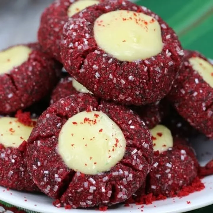 Delicious Red Velvet Cheesecake Cookies topped with cream cheese frosting