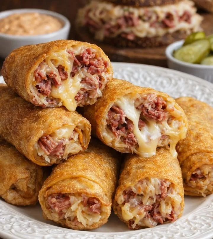 Delicious Reuben Egg Rolls served with dipping sauce