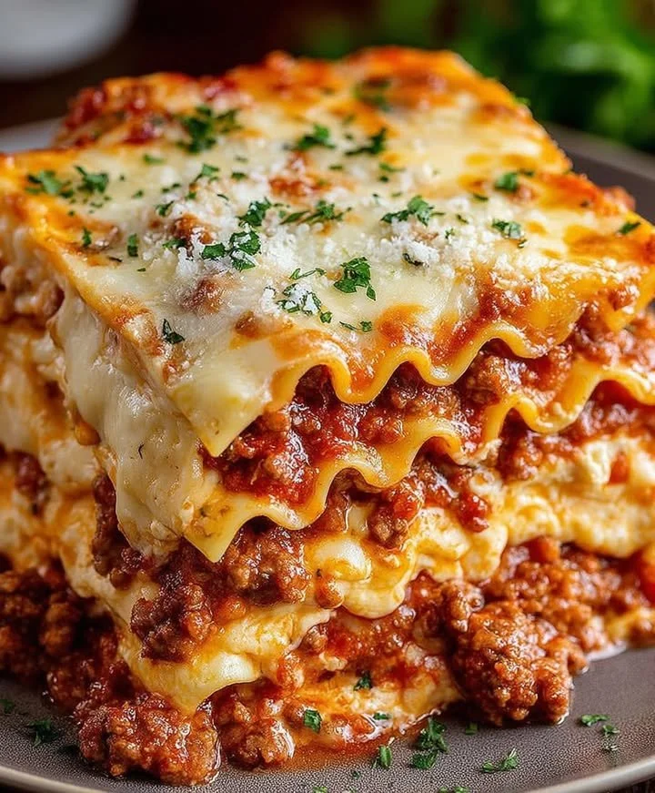 Deliciously rich creamy lasagna layered with cheese and pasta
