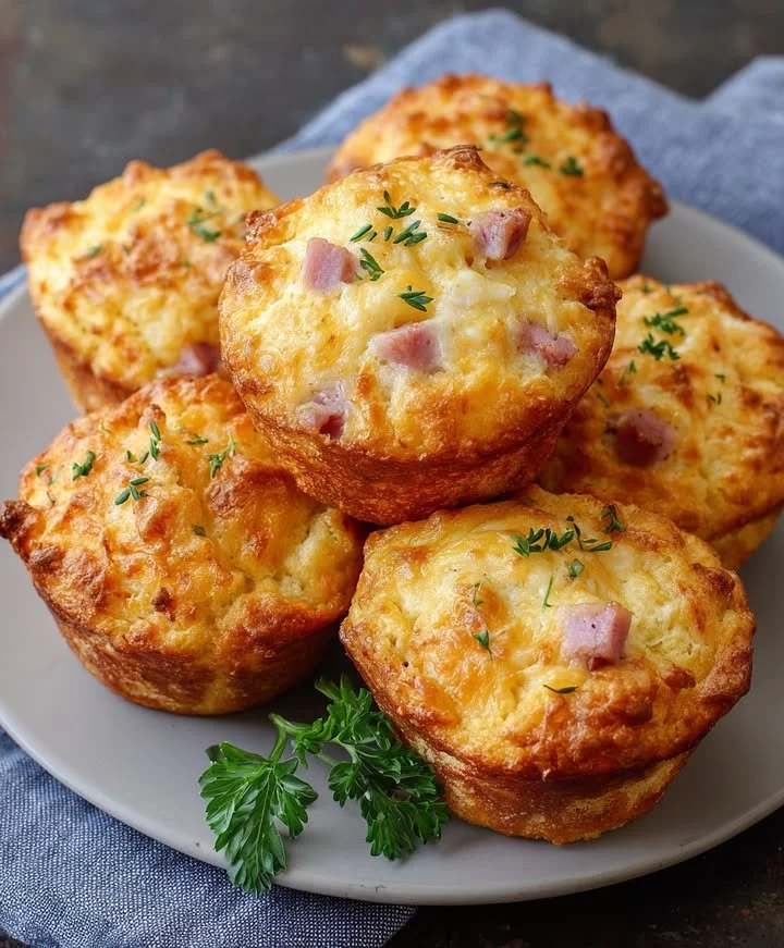 Savory Cheddar Ham Muffins fresh out of the oven, golden and fluffy.