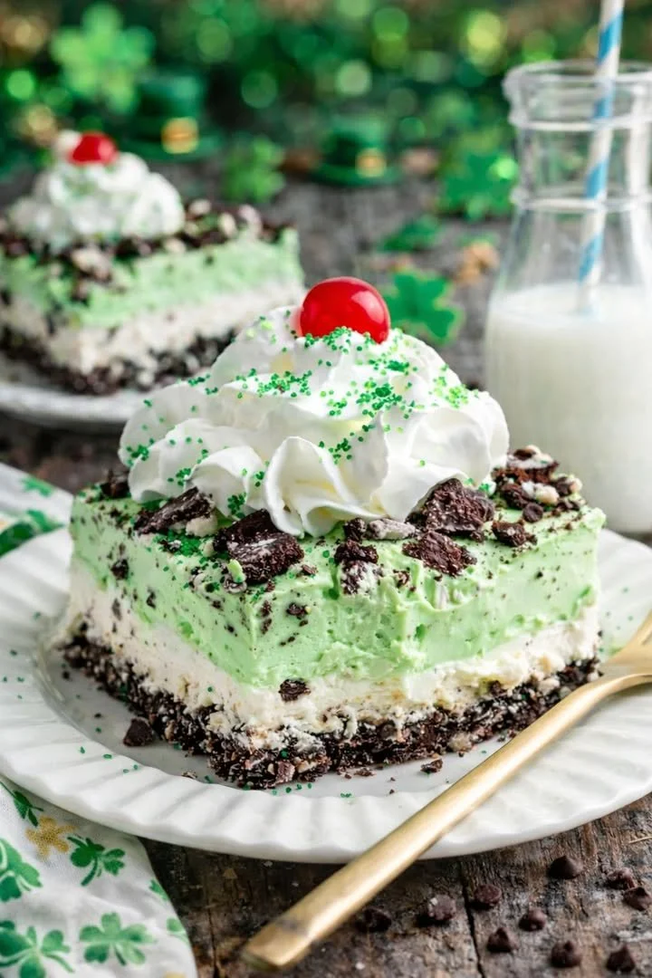 Delicious Shamrock Shake Lasagna Dessert with mint and chocolate layers