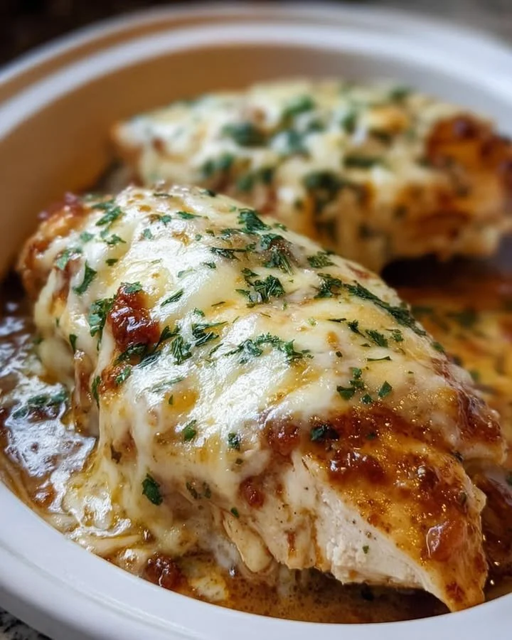 Slow Cooker Cheesy Mozzarella Chicken dish with melted cheese