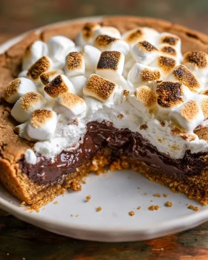 Delicious S'mores Cookie Cake with chocolate, marshmallows, and graham crackers.