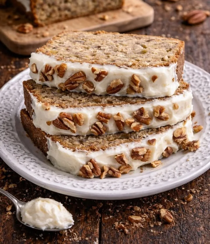 Slice of Southern Hummingbird Bread with bananas and nuts on a wooden table.