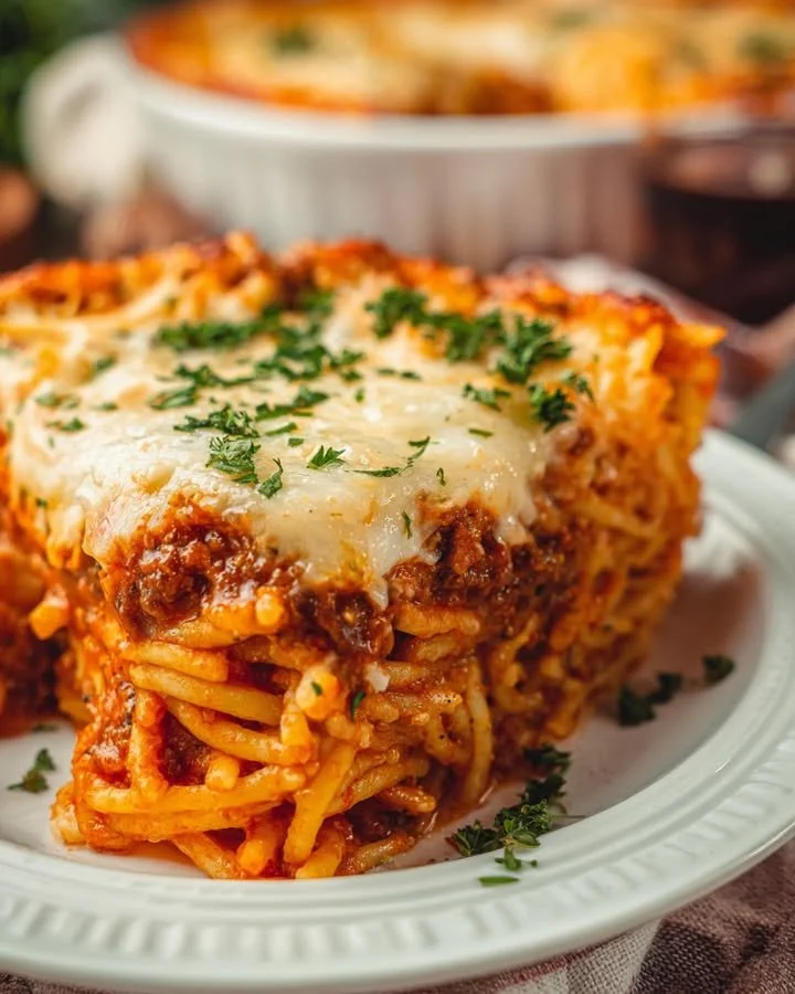 Baked Spaghetti Pie topped with cheese and herbs, served in a dish.
