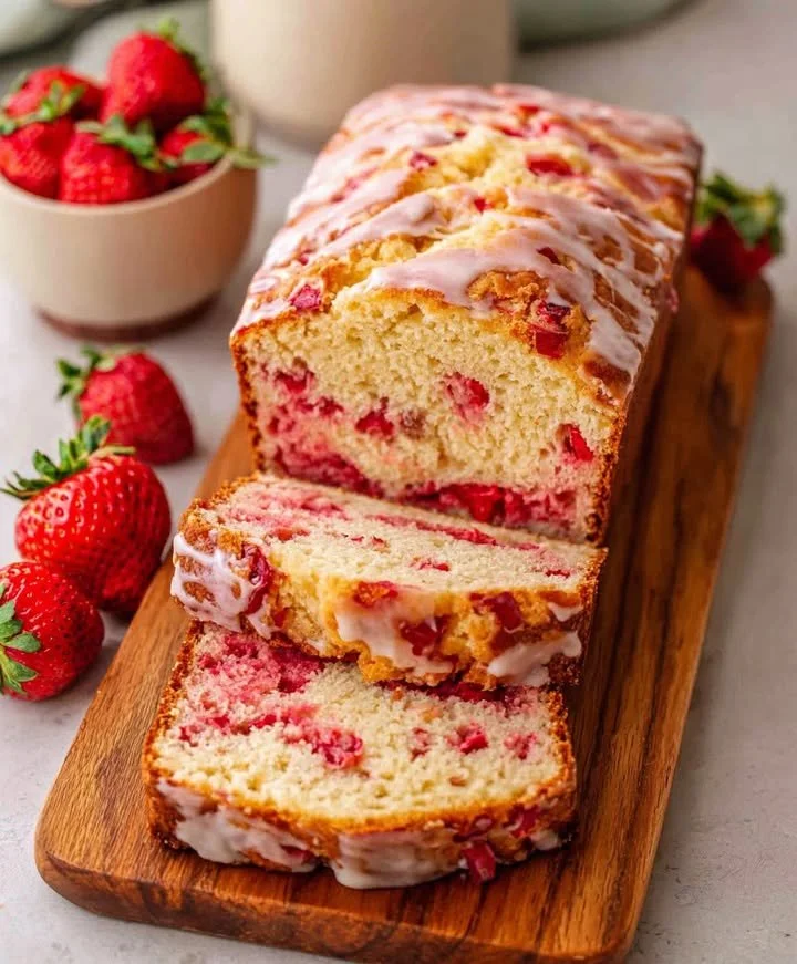 Homemade strawberry bread sliced and served on a wooden table