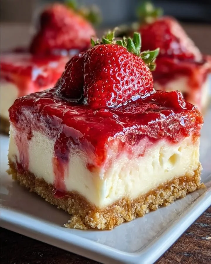 Delicious homemade strawberry cheesecake bars topped with fresh strawberries.