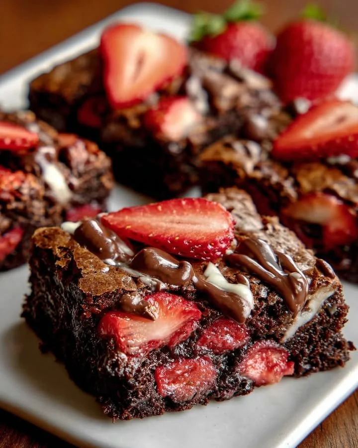 Delicious Strawberry Chocolate Chunk Brownies with fresh strawberries and chocolate chunks