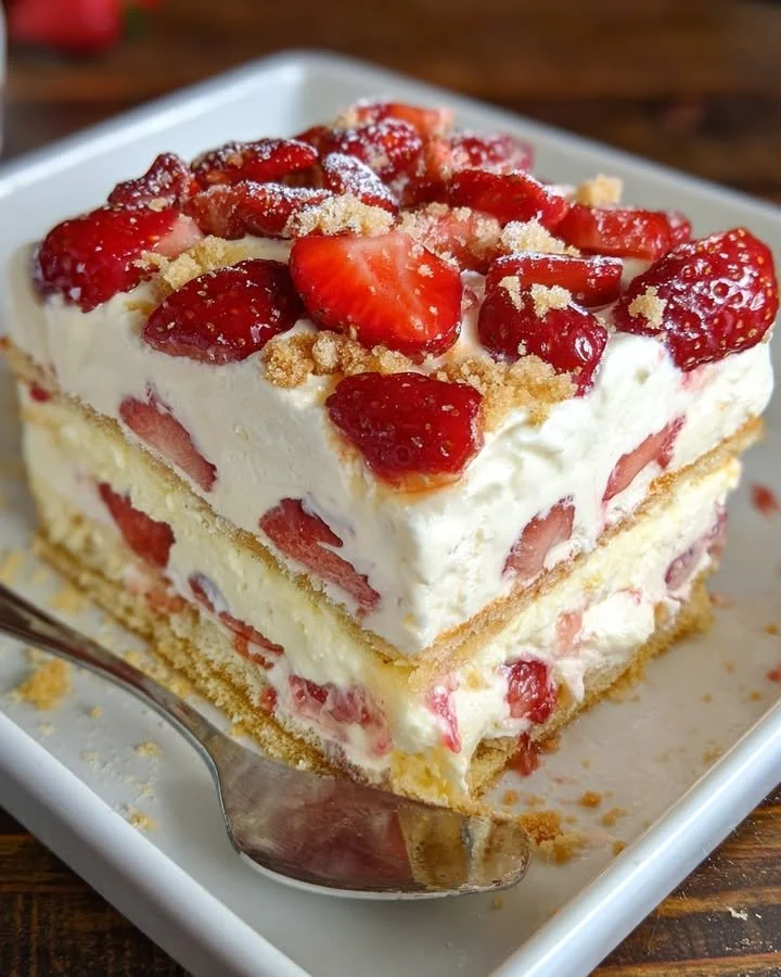 Delicious Strawberry Icebox Cake served on a plate with fresh strawberries