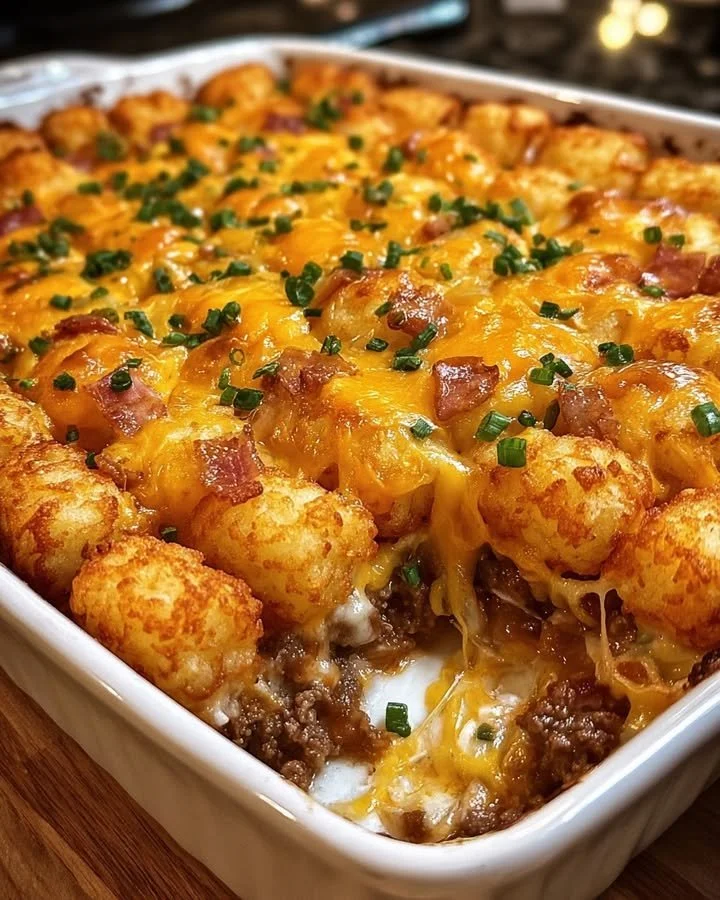 Tater tot casserole with cheddar cheese and ground beef in a baking dish