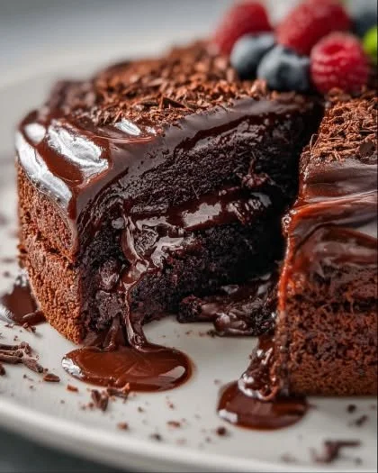 A slice of ultimate chocolate cake with rich frosting and chocolate shavings.